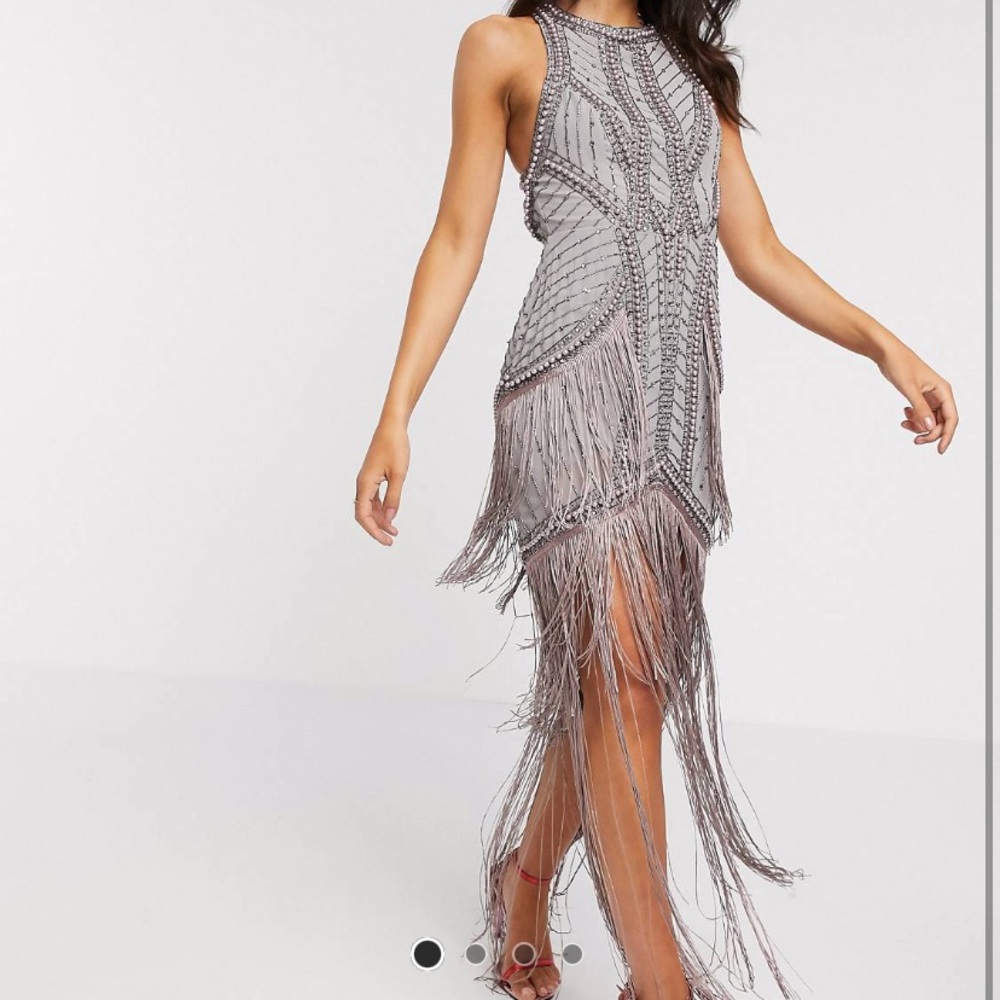 Embellished High Neck Maxi Dres with Fringe Hem